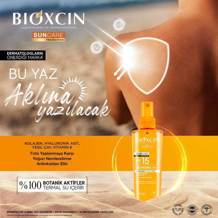 روغن برنزه کننده بدن بیوکسین Bioxcin با spf 15 مناسب انواع پوست حجم 200 میل