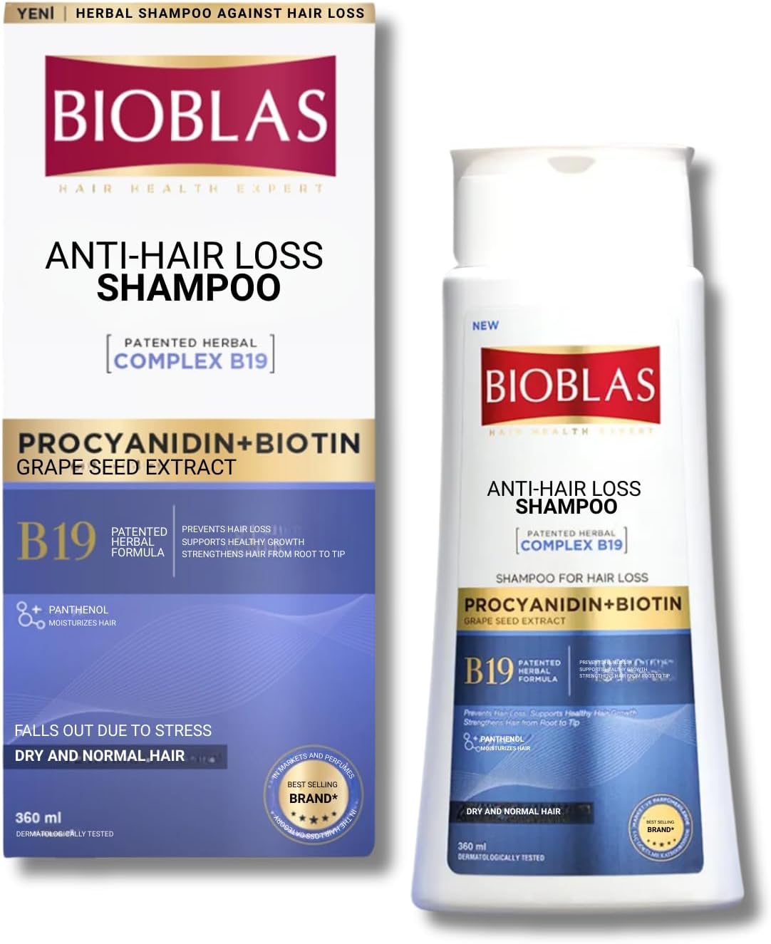 شامپو ضدریزش بیوبلاس Bioblas حاوی Complex B19 برای موهای خشک و نرمال حجم 360 میل