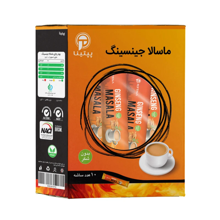 چای ماسالا جینسینگ تشریفاتی بدون شکر و شیرین شده با استویا پپتینا بسته 10 عددی